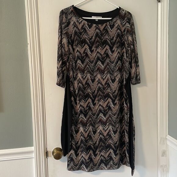 studio one new york lined earth tone chevron 3/4 sleeve dress & attached sash 12 - Picture 6 of 13